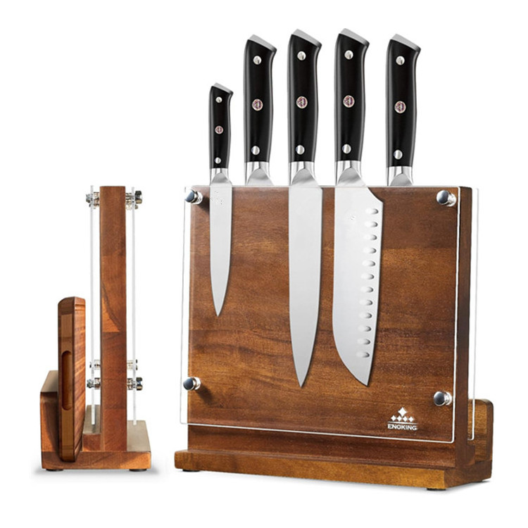 Kitchen Counter Stainless Steel Knife Holder Double Side Powerful Magnetic Acacia Wood Knife Block With Acrylic Shield