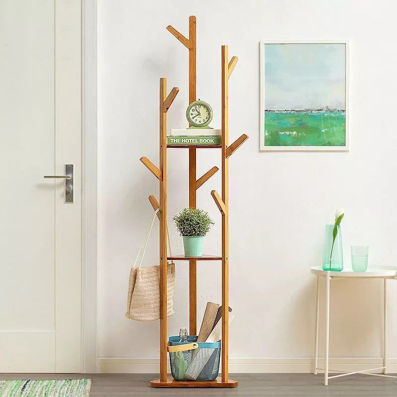 Bamboo Garment Racks Coat Clothing Rack Wood Cat Hangers Floor Display Hall Tree Standing With 9 Hooks And 3 Tier Storage Shelf