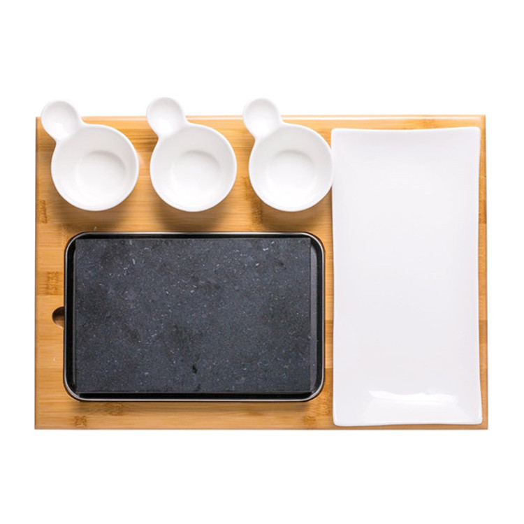 Lava Hot Steak Stone Plate Table Cold Lava Rock Indoor Bbq Hibachi Grilling Stone Set With Ceramic Side Dish And Bamboo Platter