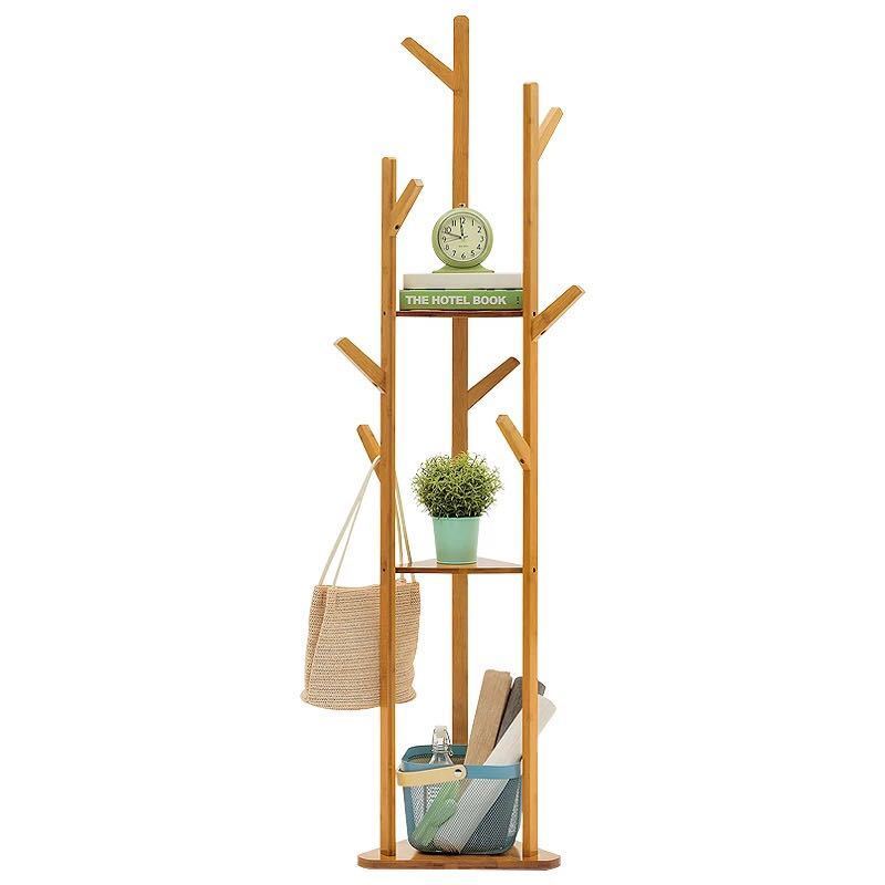 Bamboo Garment Racks Coat Clothing Rack Wood Cat Hangers Floor Display Hall Tree Standing With 9 Hooks And 3 Tier Storage Shelf