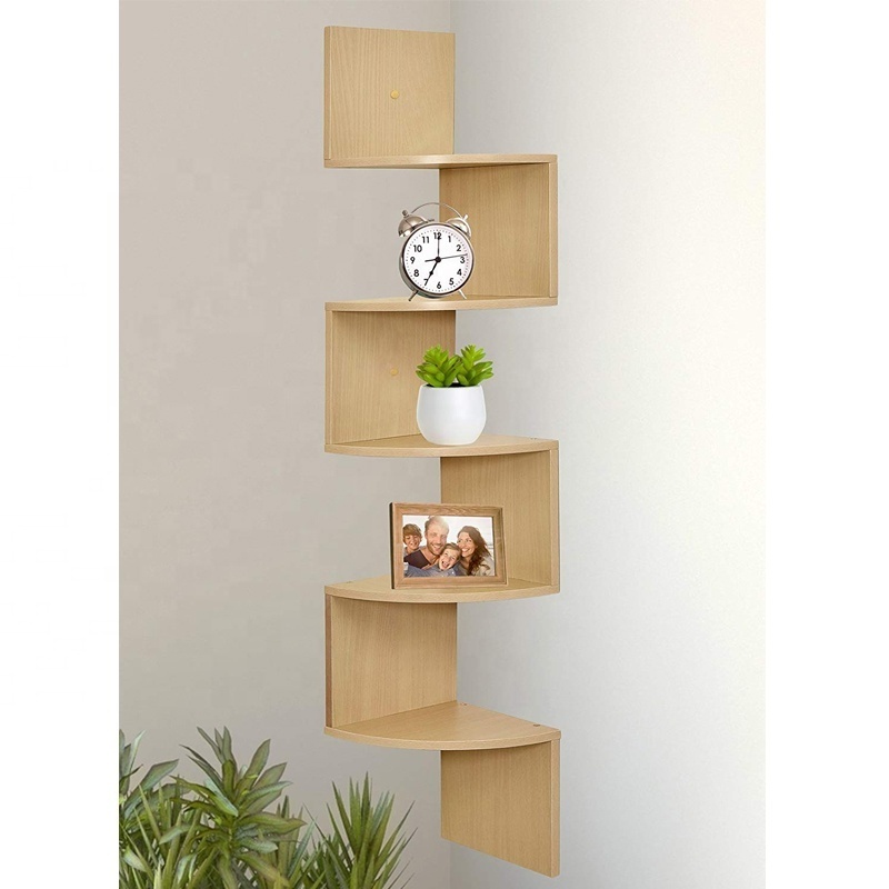 Home Storage Rustic Wood Wall Mount Display Storage Rack Zig Zag 5 Tiers Wooden Floating Shelves For Wall Corner