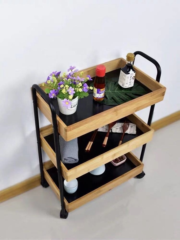 Custom 3 Tier Bamboo Kitchen Storage Trolley Cart Portable Ultradurable Utility Cart Organizer With Movable Wheel