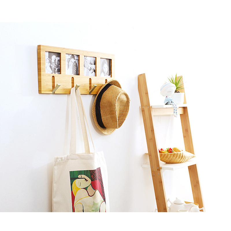 Custom Photo Design Foldable 5 Hook Rail Clothes Hat Hanger Entryway Bamboo Wood Wall Mounted Coat Rack For Living Room