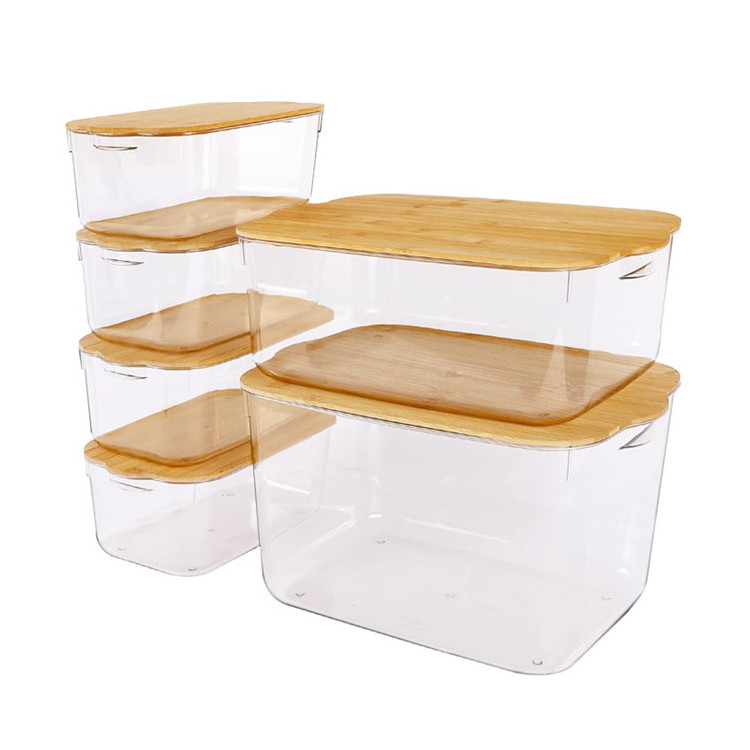 Home Kitchen Closet Decor Stackable Basket Box Set Cloth Towel Organizer Clear Plastic Storage Bins With Removable Bamboo Lid