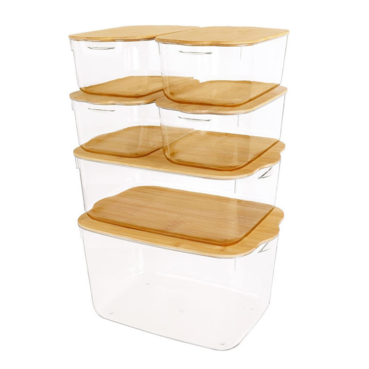 Home Kitchen Closet Decor Stackable Basket Box Set Cloth Towel Organizer Clear Plastic Storage Bins With Removable Bamboo Lid