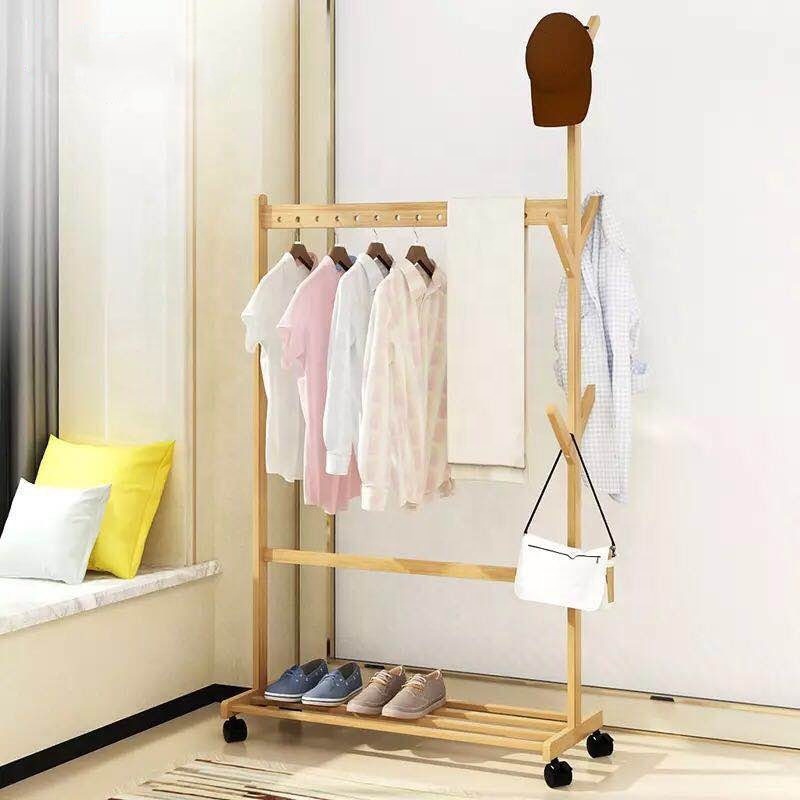 Living Room Bamboo Garment Clothes Rack Storage Organizer Heavy Duty Removable Freestanding Coat Hanger Stand With Shelves