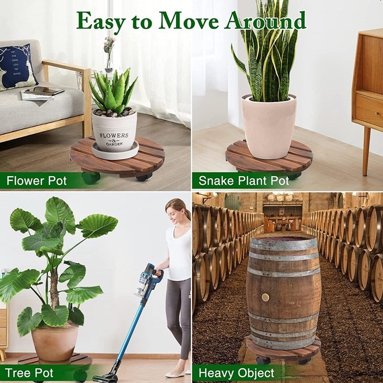 Outdoor Wooden Rolling Plant Stand Plant Caddy Indoor Rotating Caster Rolling Garden Flower Pot Planter Stand With Wheels