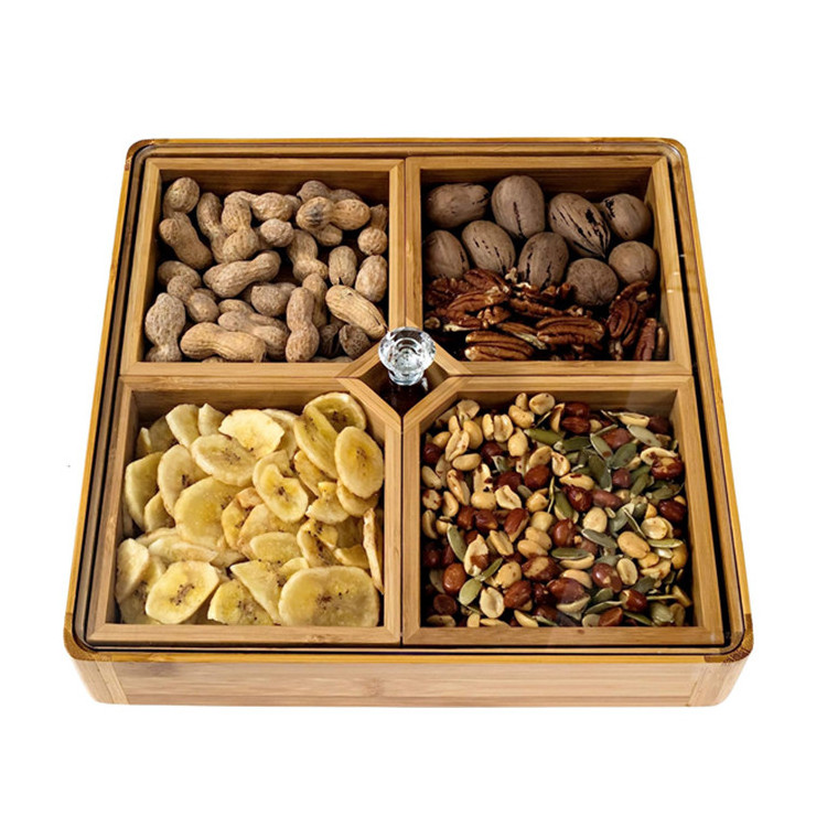 Bamboo Nut And Candy Appetizer Platter Dried Fruit Box Veggie Dish Candy Bowl Removable Divided Serving Tray With Acrylic Lid