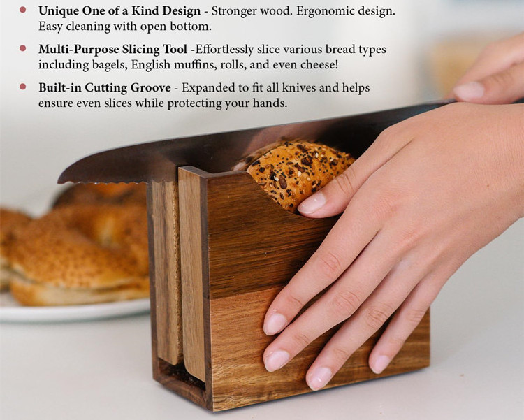 Custom Hamburger Bun Cutter Guillotine Slicer Bagel Holder Multi-Purpose Anti Slip Premium Acacia Wood Bread And Bagel Holder