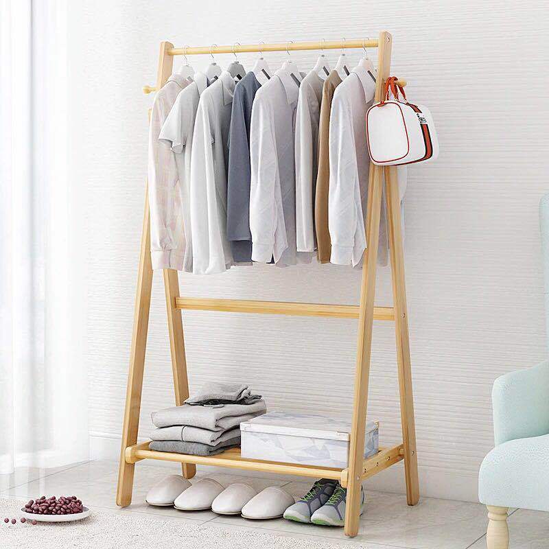 Multifunction Foldable Bamboo Cloth Holder Tower Garment  Hat Organizer Floor-Standing Wooden Clothes Hanger Rack Stand