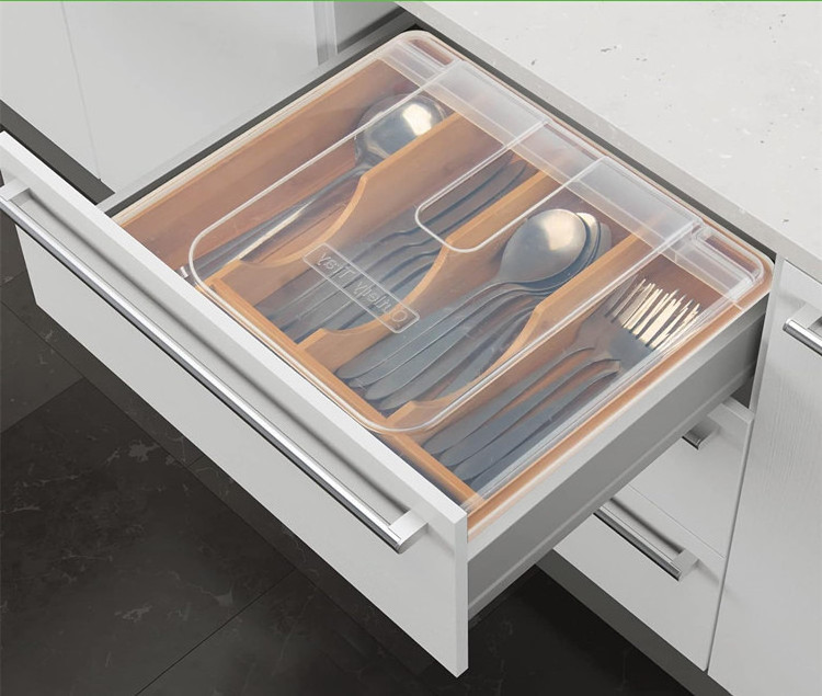 Kitchen Countertop Multifunction Flatware Utensil Storage Box Drawer Bamboo Silverware Tray Organizer With Plastic Lid