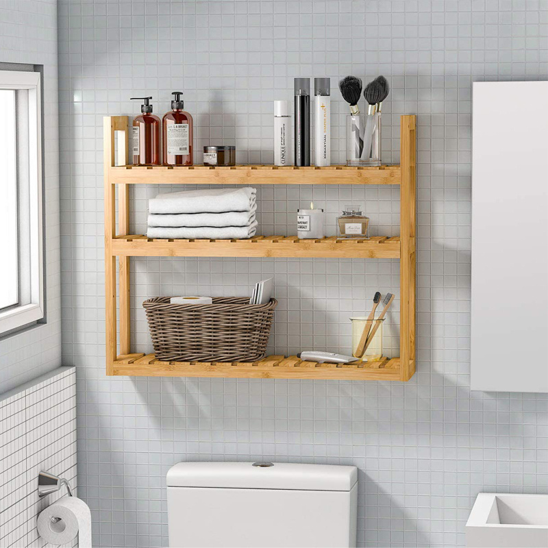 Adjustable Bamboo Bathroom Shelf Over Toilet Shower Caddy Hanging 3 Tier Wall Mounted Towel  Bath Accessory Organizer Rack