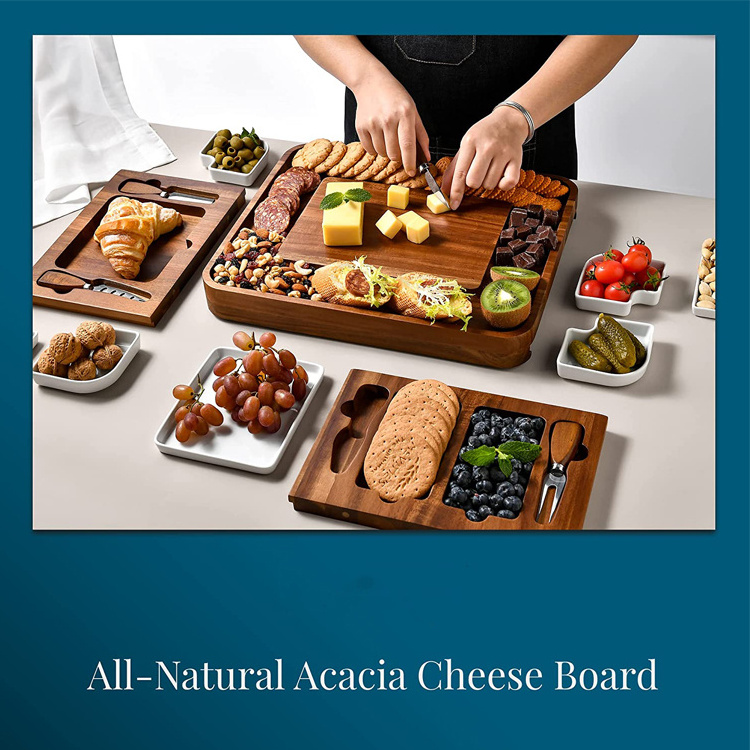 Upgraded Charcuterie Food Serving Platter Kitchen Hidden Drawer Square Acacia Wood Cheese Board And Knife Set with Ceramic Bowls