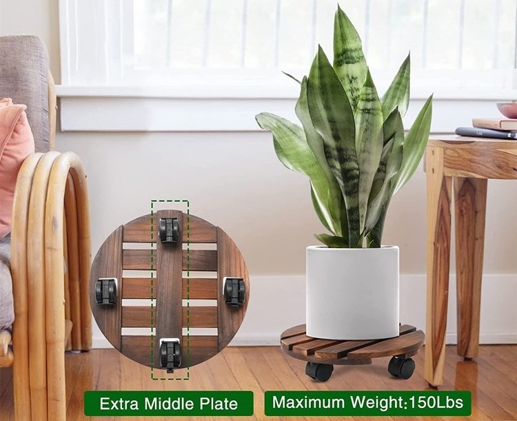 Outdoor Wooden Rolling Plant Stand Plant Caddy Indoor Rotating Caster Rolling Garden Flower Pot Planter Stand With Wheels