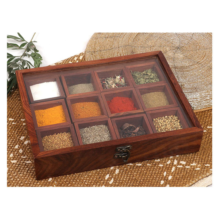 Luxury Wood Herb Spice Rack Kitchen Caja De Madera Para Especias Indian Masala Dabba Organizer Hand Crafted Wooden Spice Box