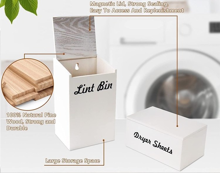 Farmhouse 2 In 1 Rustic Wooden Trash Can Dispenser Dryer Sheet And Pods Holder Wall Mounted Magnetic Lint Box For Laundry Room