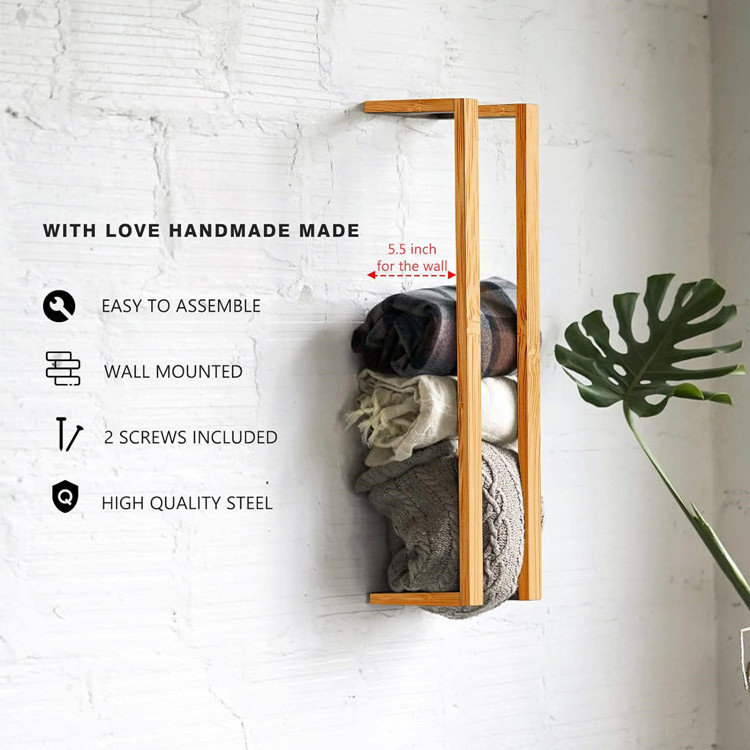 Home Decoration Floating Display Tower Storage Rack Handmade Natural Bamboo Wall Mounted Blanket Holder For Bathroom