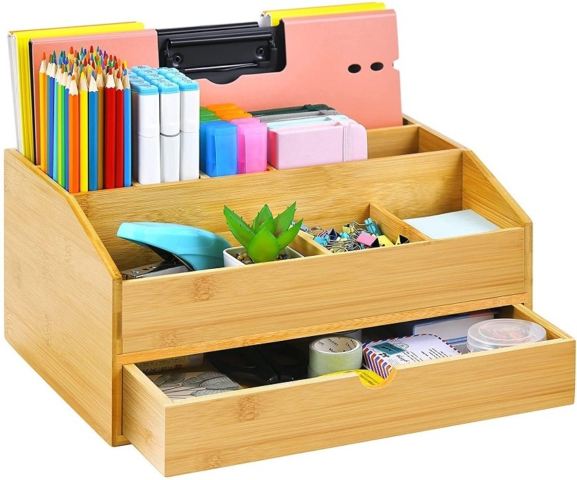 Home Office Accessories Storage Set Table Top File Pen Holder Bamboo Wood Office Desk Organizer With Drawer