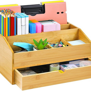 Home Office Accessories Storage Set Table Top File Pen Holder Bamboo Wood Office Desk Organizer With Drawer