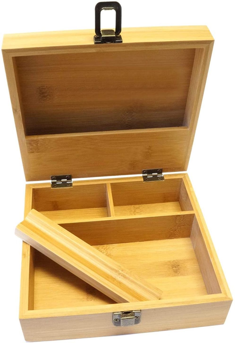 Wholesale Large Size Custom Wooden Herb Container Rolling Tray Storage Sell Proof Natural Bamboo Stash Box With Grinder