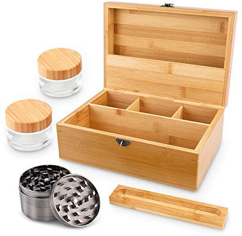 Wholesale Large Size Custom Wooden Herb Container Rolling Tray Storage Sell Proof Natural Bamboo Stash Box With Grinder