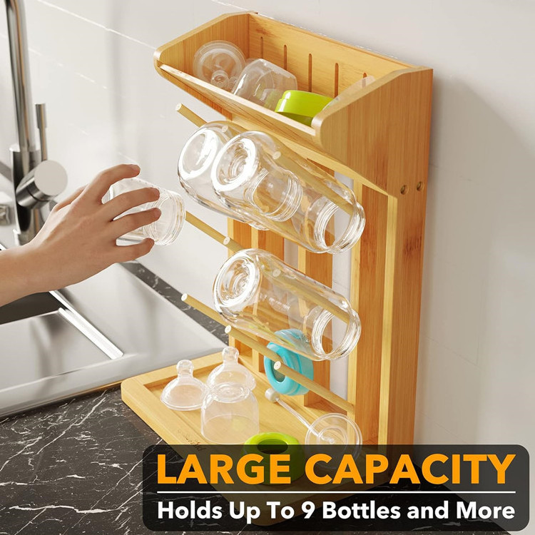 Space Saving Kitchen Bottles Holder Vertical Dryer Storage Accessories Portable Bamboo Baby Bottle Drying Rack