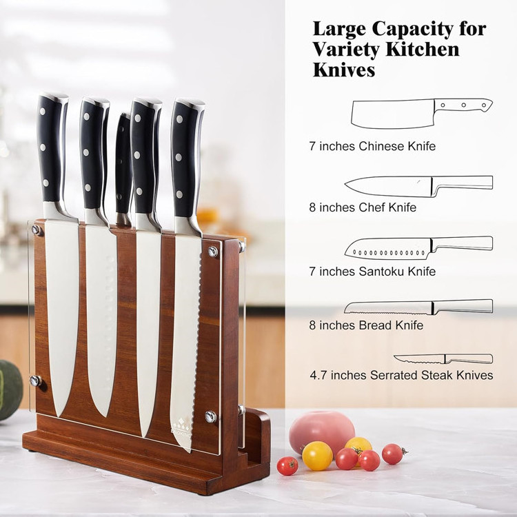 Kitchen Counter Stainless Steel Knife Holder Double Side Powerful Magnetic Acacia Wood Knife Block With Acrylic Shield