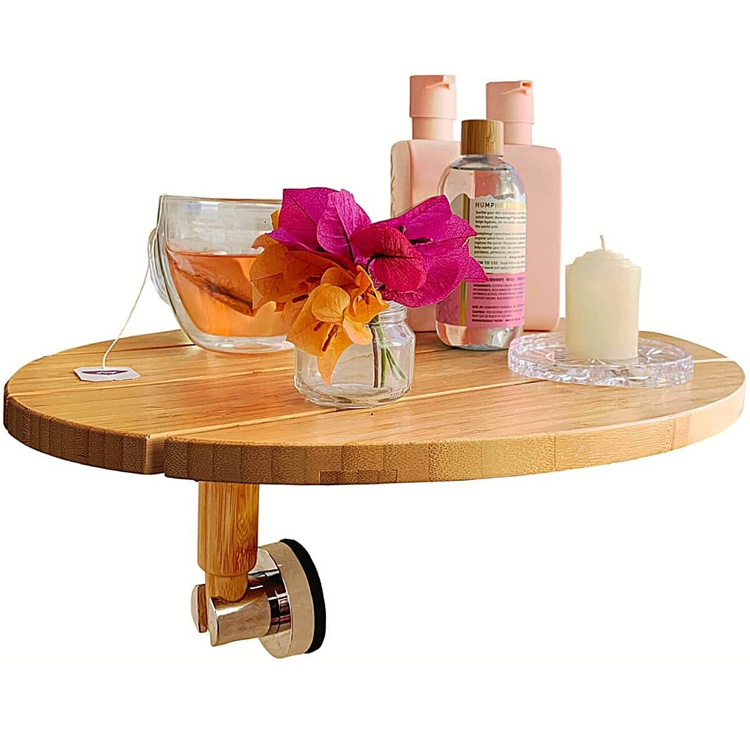 Small Size Bamboo Bathtub Tray With Suction Cup Vacuum Sealed  Corner Inside Wood Tub Caddy Shower Side Shelf