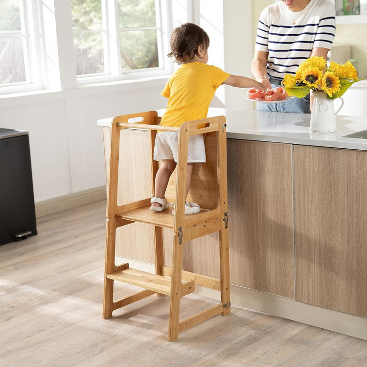 Custom 4-In-1Bamboo Toddler Standing Step Tower Kids Adjustable Kitchen Helper Stool Foldable Montessori Toddler Learning Tower