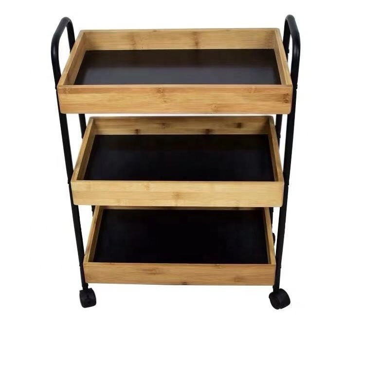 Custom 3 Tier Bamboo Kitchen Storage Trolley Cart Portable Ultradurable Utility Cart Organizer With Movable Wheel