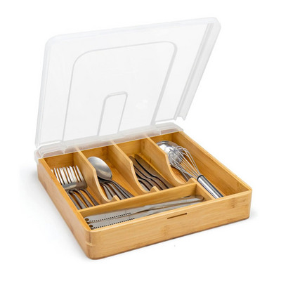 Kitchen Countertop Multifunction Flatware Utensil Storage Box Drawer Bamboo Silverware Tray Organizer With Plastic Lid