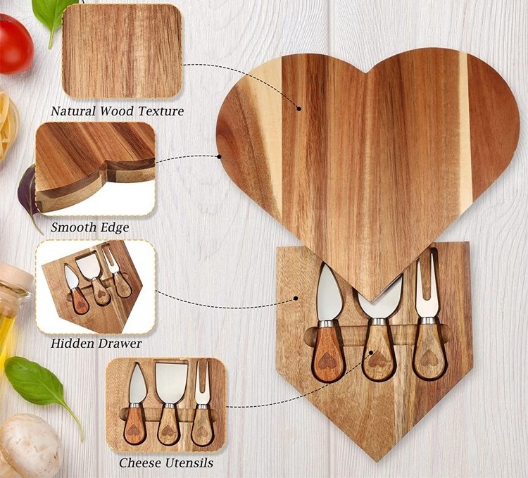 Kitchen Heart Shape Cutting Board Multifunction Meat Fruit Vegetable Serving Platter Acacia Wooden Cheese Boards With Knives