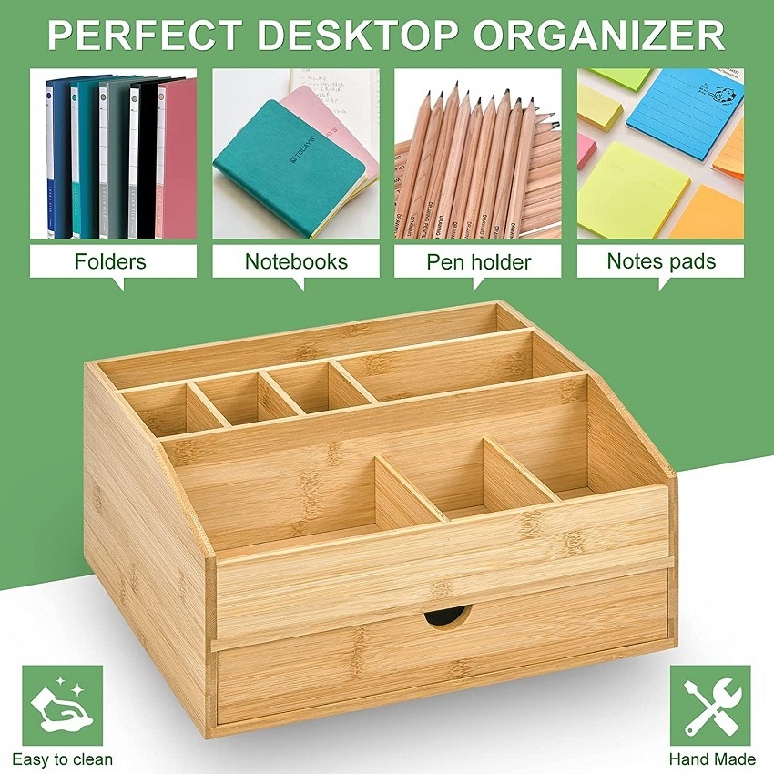 Home Office Accessories Storage Set Table Top File Pen Holder Bamboo Wood Office Desk Organizer With Drawer