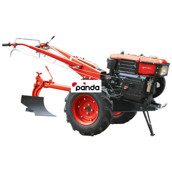 Hand operated 2 wheel walk behind mini farm tractor reversible offset handles enable use of sickle bar, flail mower, rotary hoe