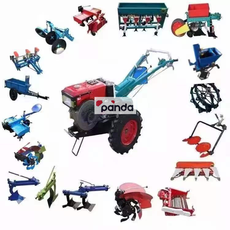 Hand operated 2 wheel walk behind mini farm tractor reversible offset handles enable use of sickle bar, flail mower, rotary hoe