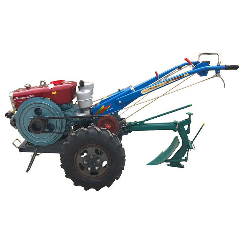 Hand operated 2 wheel walk behind mini farm tractor reversible offset handles enable use of sickle bar, flail mower, rotary hoe