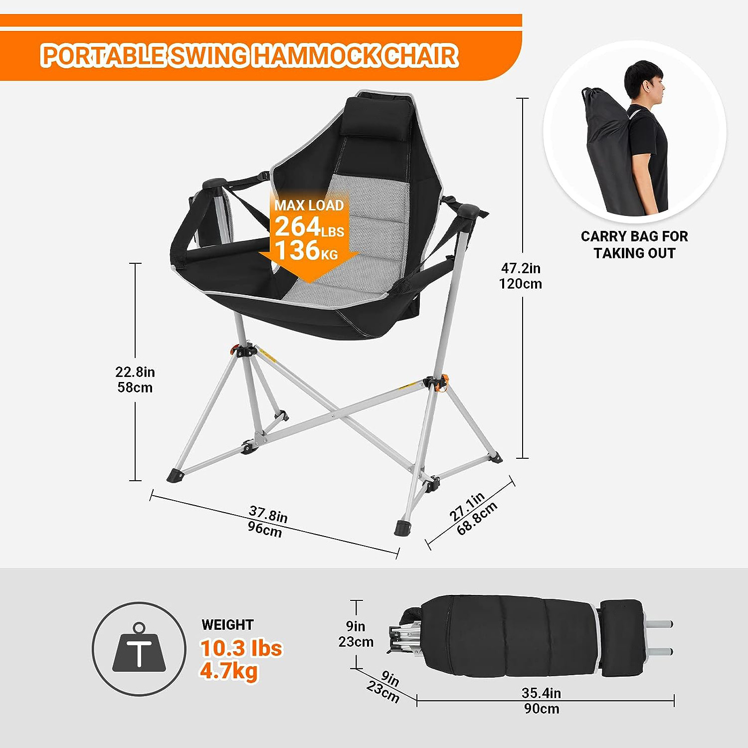 Outdoor Hammock Camping Chair Aluminum Alloy Adjustable Back Swinging Chair Folding Rocking Chair Pillow Cup Holder Recliner