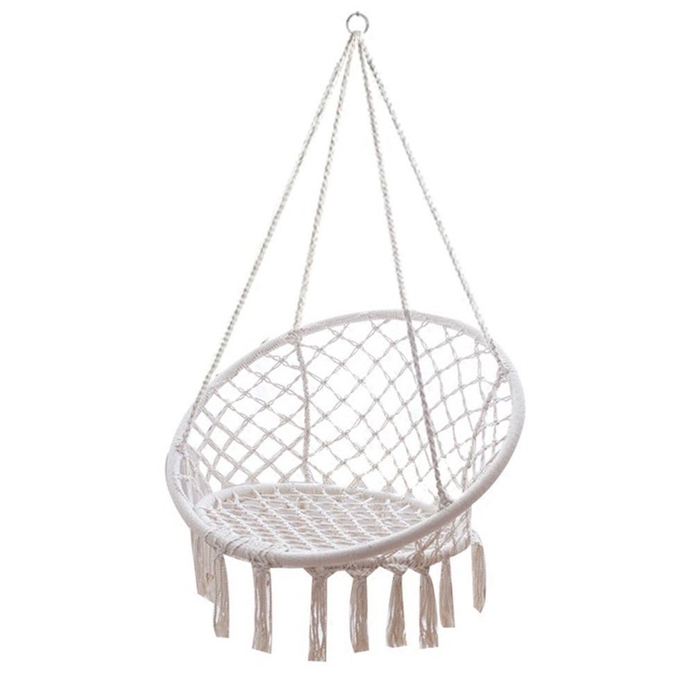 White macrame hammock outdoor swing chair with fringe