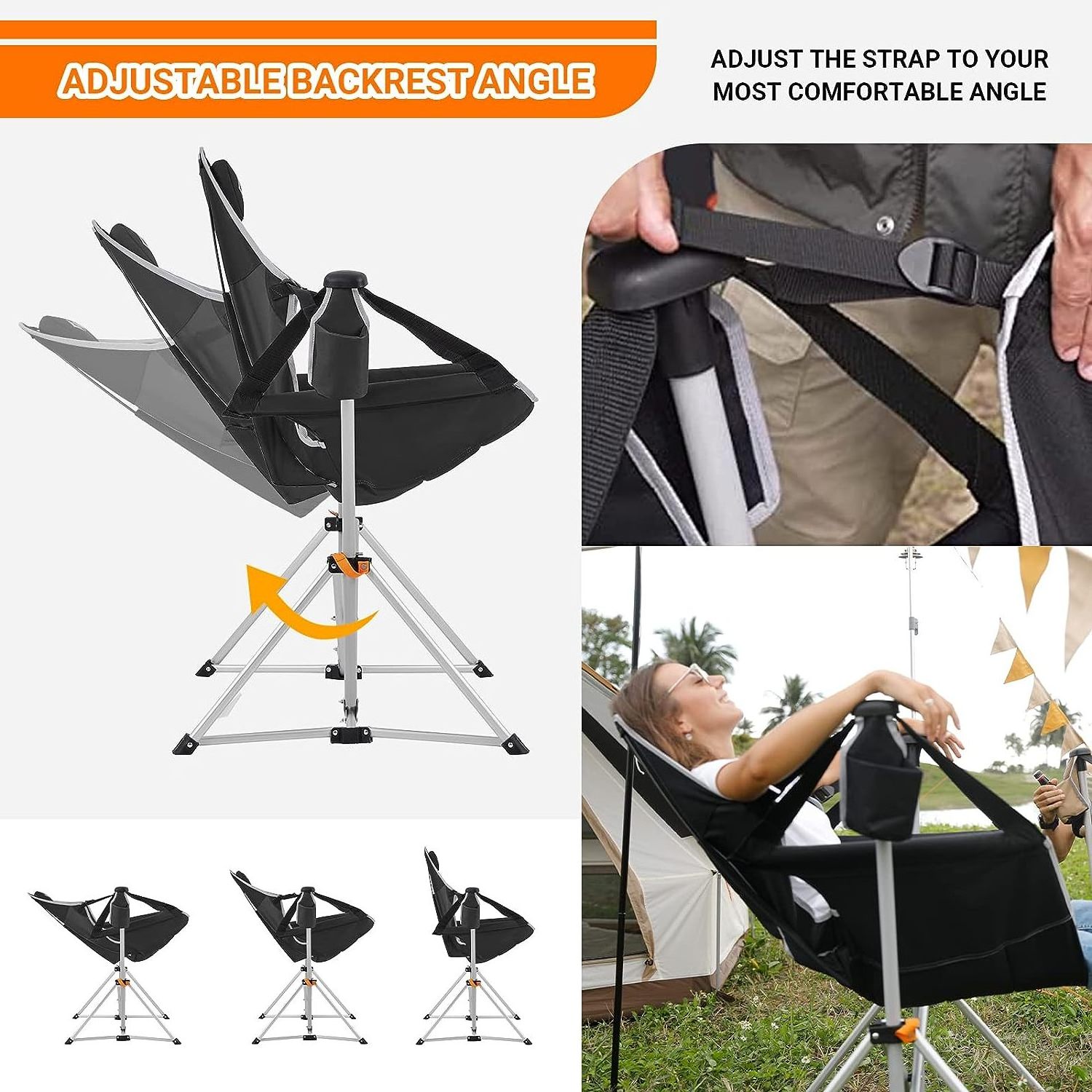 Outdoor Hammock Camping Chair Aluminum Alloy Adjustable Back Swinging Chair Folding Rocking Chair Pillow Cup Holder Recliner