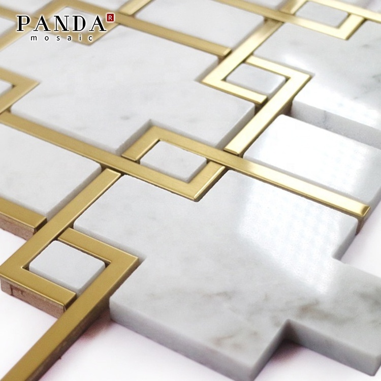 Hot Sale Environmental Protection Art Marble Mosaic Inlay Joint White Gold Delicate Texture Bathroom Mosaic Tile