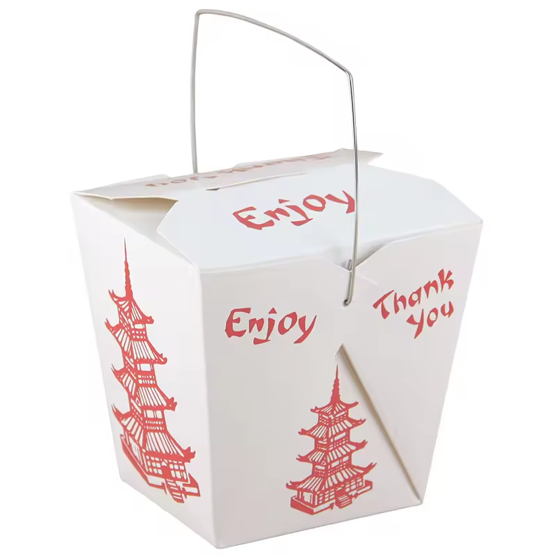 Custom printed disposable white cardboard packaging for food takeout takeaway rice Chinese noodle packing paper box with handle