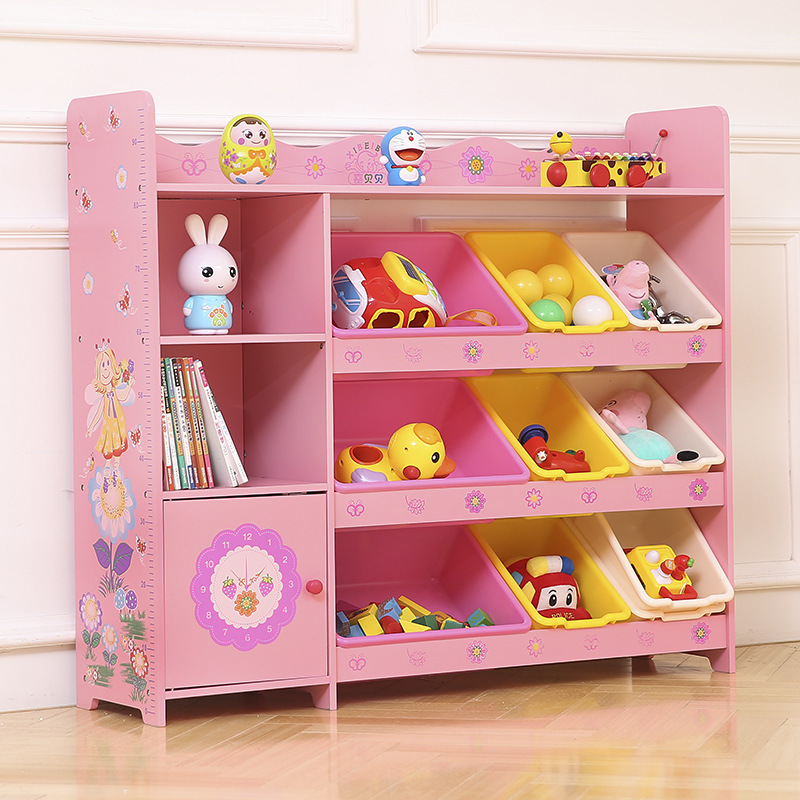 Eeo-friendly wooden giraffe Cartoon cabinet  children toy storage shelf with plastic collection bin for kids