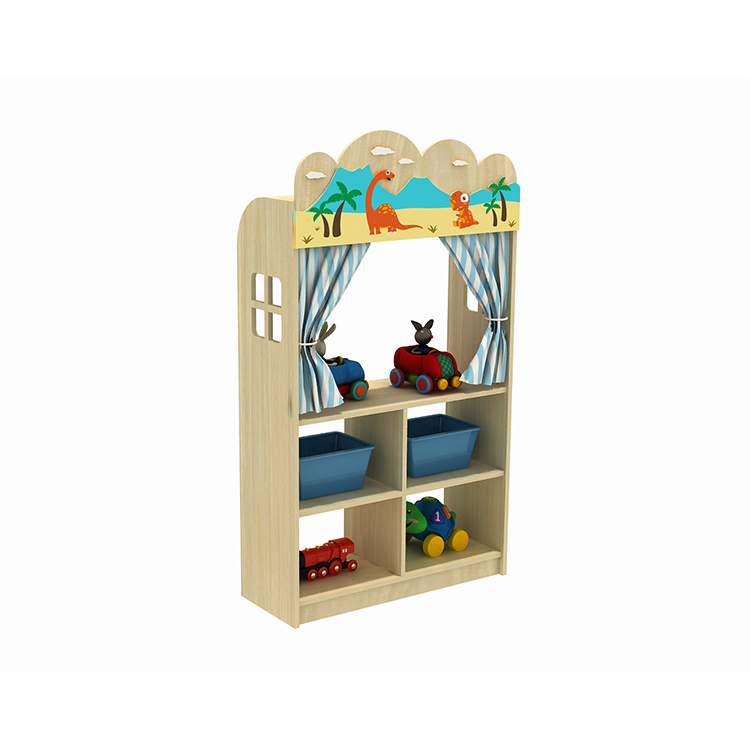 Eeo-friendly wooden giraffe Cartoon cabinet  children toy storage shelf with plastic collection bin for kids