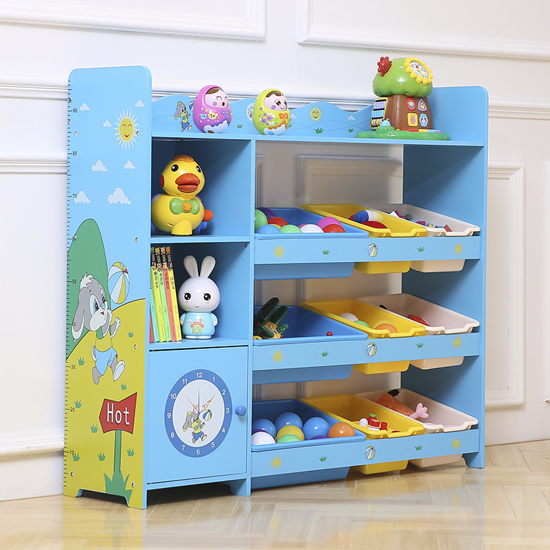 Eeo-friendly wooden giraffe Cartoon cabinet  children toy storage shelf with plastic collection bin for kids