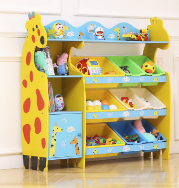 Eeo-friendly wooden giraffe Cartoon cabinet  children toy storage shelf with plastic collection bin for kids