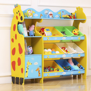 Eeo-friendly wooden giraffe Cartoon cabinet  children toy storage shelf with plastic collection bin for kids