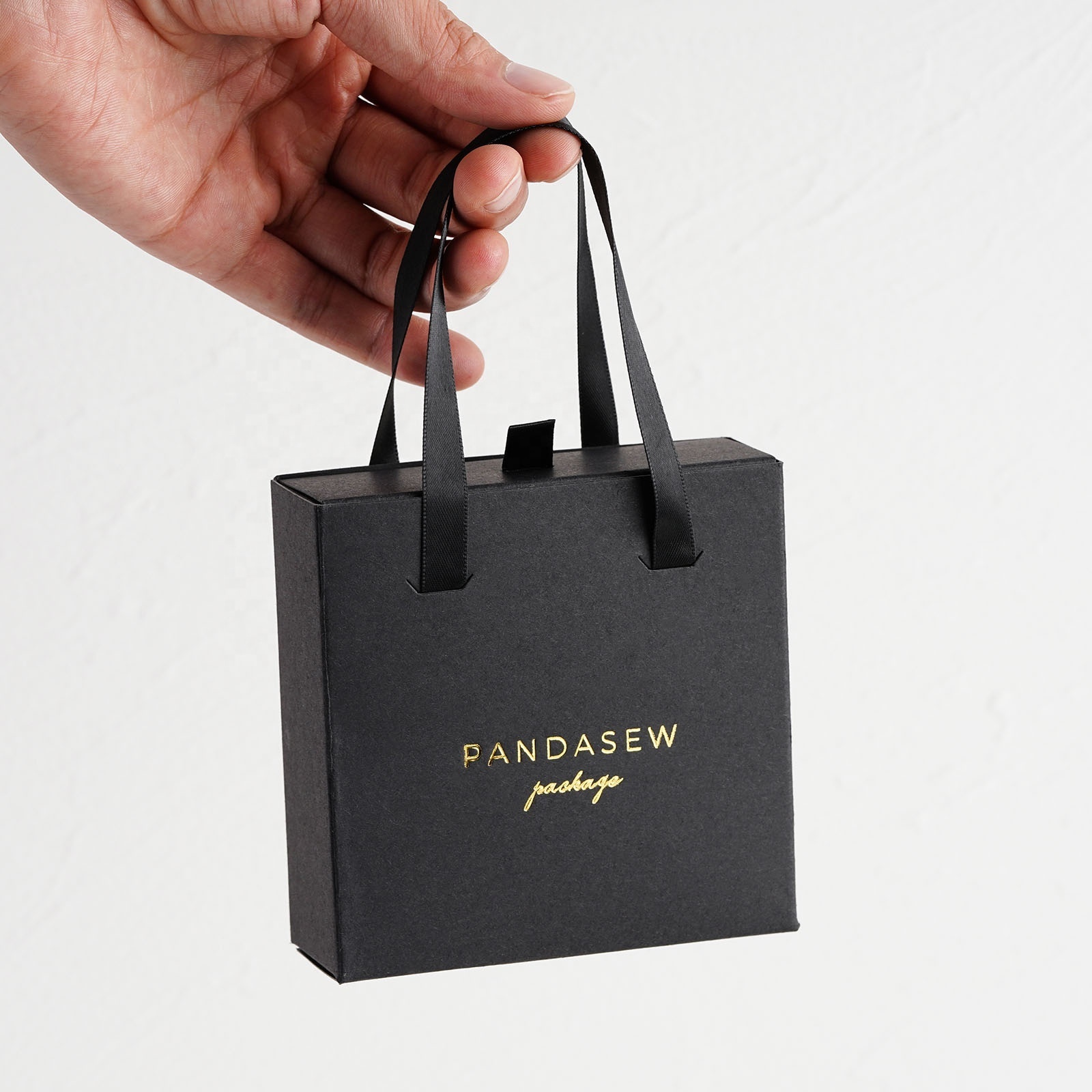 PandaSew Custom Logo Printed Luxury Sliding Handle Black Paper Cardboard Gift Packaging Bracelet Drawer Jewelry Box