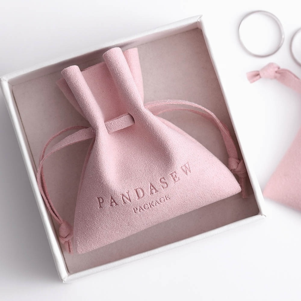 PandaSew 8*7cm Luxury Custom Jewelry Pouches with Logo Pink Microfiber Small Gift Drawstring bag