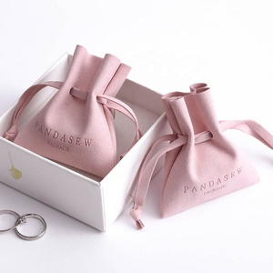 PandaSew 8*7cm Luxury Custom Jewelry Pouches with Logo Pink Microfiber Small Gift Drawstring bag