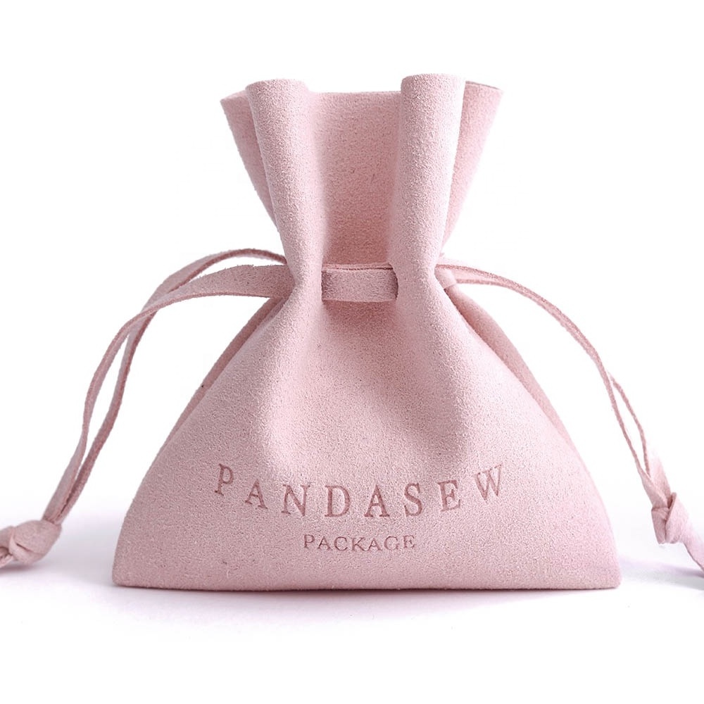 PandaSew 8*7cm Luxury Custom Jewelry Pouches with Logo Pink Microfiber Small Gift Drawstring bag